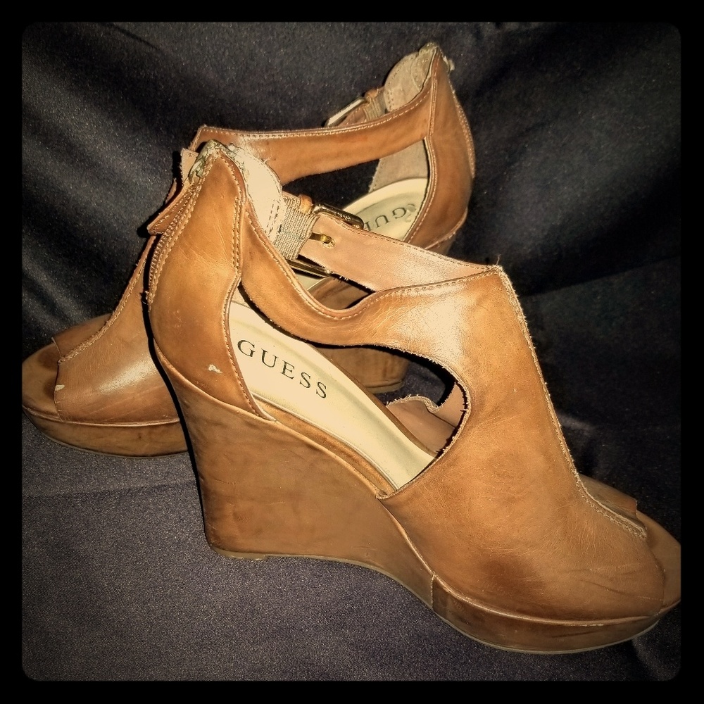 Brown Guess wedge Peep-toe sandals